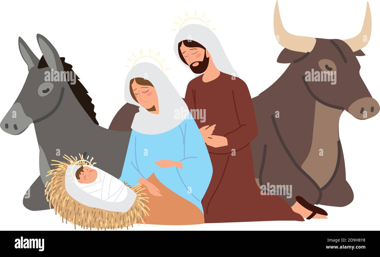 krippe, Krippe Szene Heilige maria mit Baby jesus joseph Esel und Ochse Vektor Illustration Stock Vektor