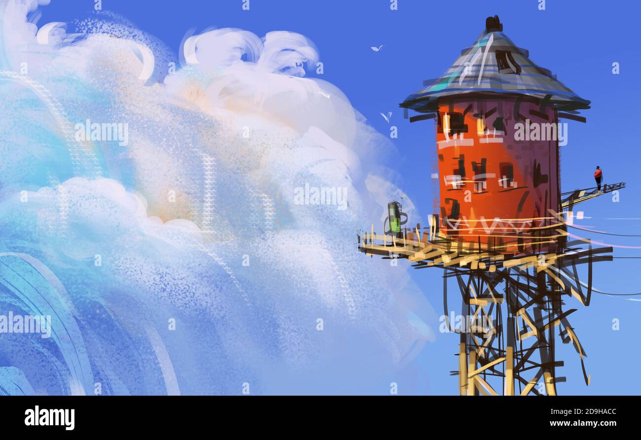 Roter Holzturm gegen blauen Himmel mit geschwollenen Wolken, digitale Illustration Kunst Malerei Design-Stil. Stockfoto