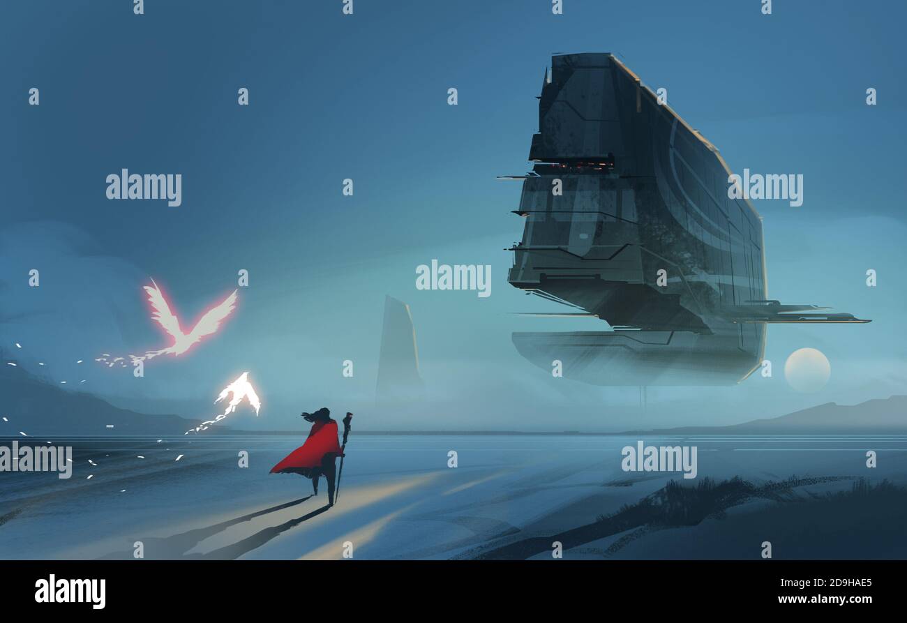 Digitale Illustration Malerei Design-Stil ein Zauberer mit 2 phoenixes gegen UFO. Stockfoto