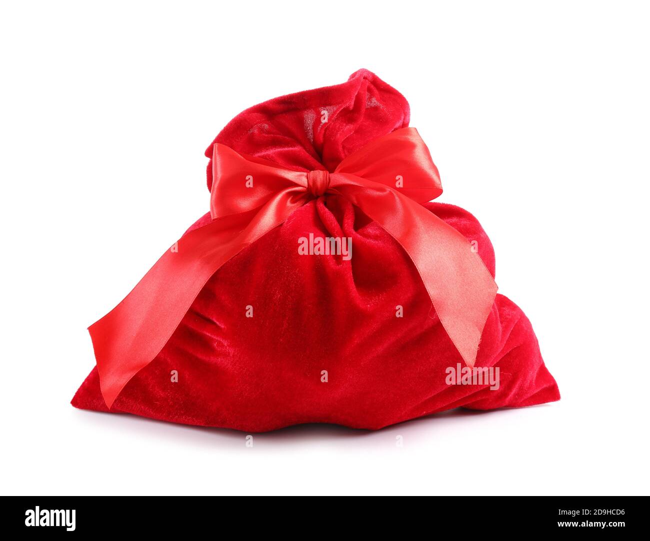 Santa Claus Sack voller Geschenke auf weißem Hintergrund Stockfoto