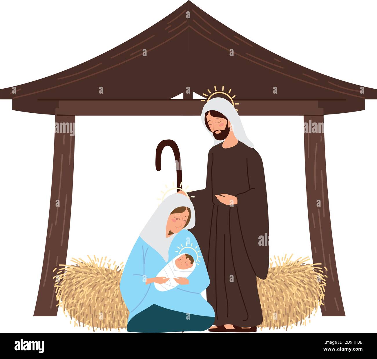 geburt, Krippe Szene maria mit Baby jesus und joseph in der Hütte Vektor-Illustration Stock Vektor