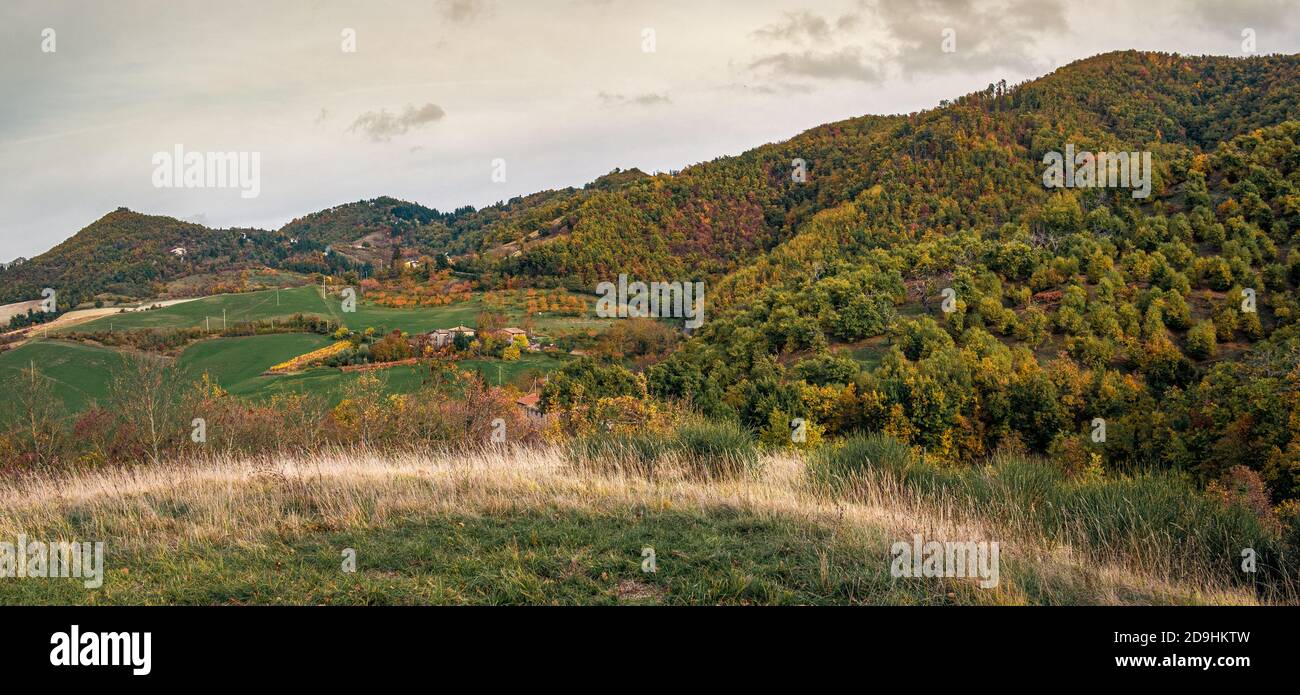 Herbstliche Landschaft in Bologna Hügel mit Wald und cutivated Feld. Monte San Pietro, Bologna Provinz, Emilia und Romagna, Italien. Stockfoto