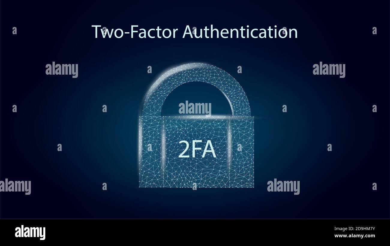 2FA zwei-Faktor-Authentifizierung mit Vorhängeschloss auf dunkelblauem Hintergrund. Schützen Sie Ihr Geld. Entsperrung über Smartphone. Stockfoto