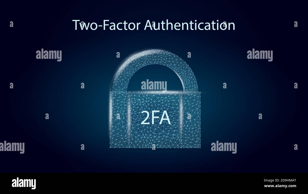 2FA zwei-Faktor-Authentifizierung mit Vorhängeschloss auf dunkelblauem Hintergrund. Schützen Sie Ihr Geld. Entsperrung über Smartphone. Vektor-Illustration für Website. Stock Vektor