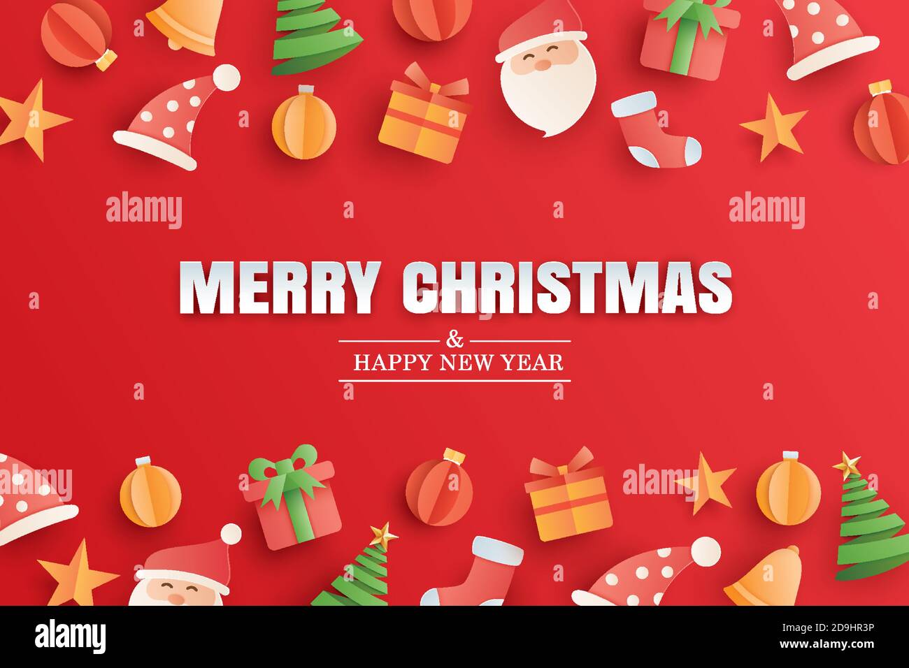 Frohe weihnachten und glückliches neues Jahr rote Grußkarte in Papierkunst Banner-Vorlage. Für Poster, Cover, Flyer. Stock Vektor