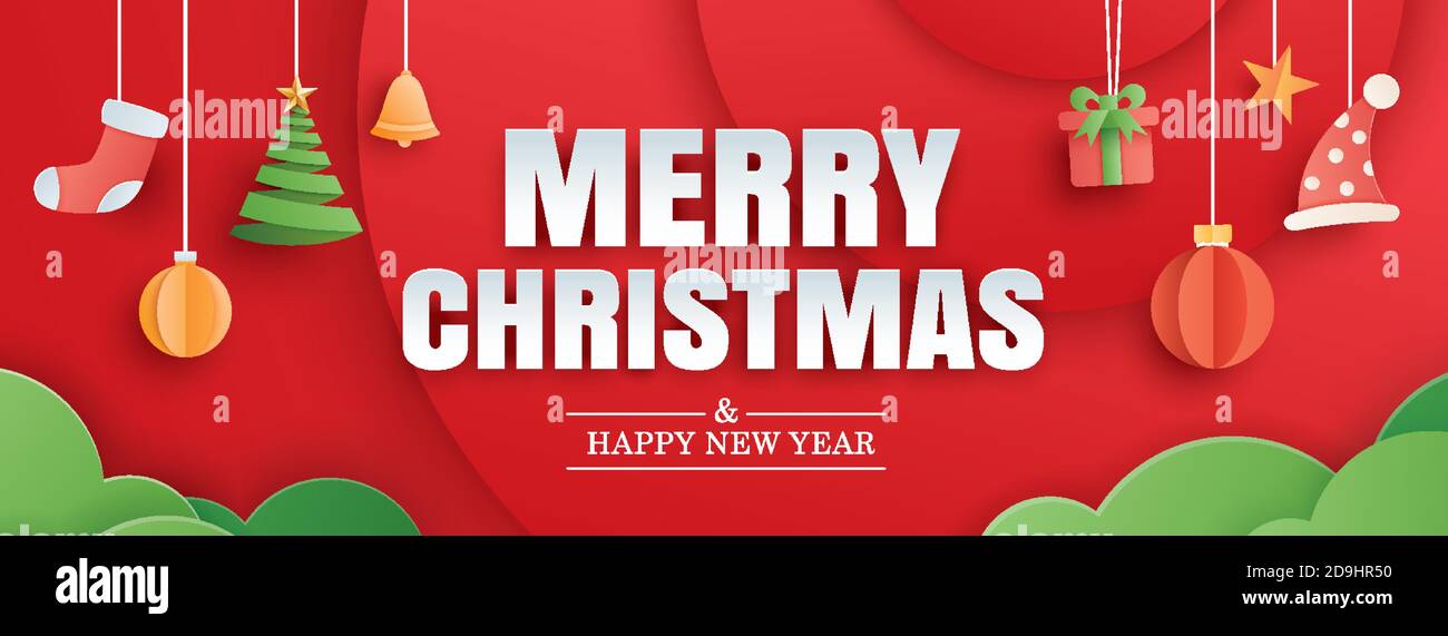 Frohe weihnachten und glückliches neues Jahr rote Grußkarte in Papierkunst Banner-Vorlage. Verwenden Sie für Header-Website, Cover, Flyer. Stock Vektor
