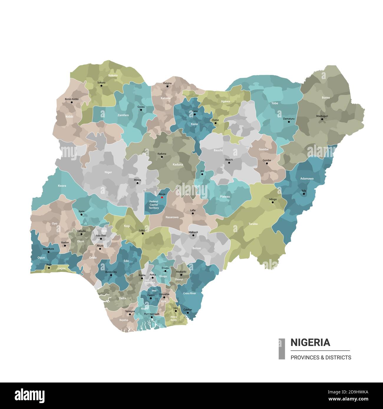 Nigeria hat detaillierte Karte mit Unterteilungen. Verwaltungskarte von Nigeria mit Bezirken und Stadtnamen, farbig nach Bundesstaaten und Verwaltungsbezirk Stock Vektor