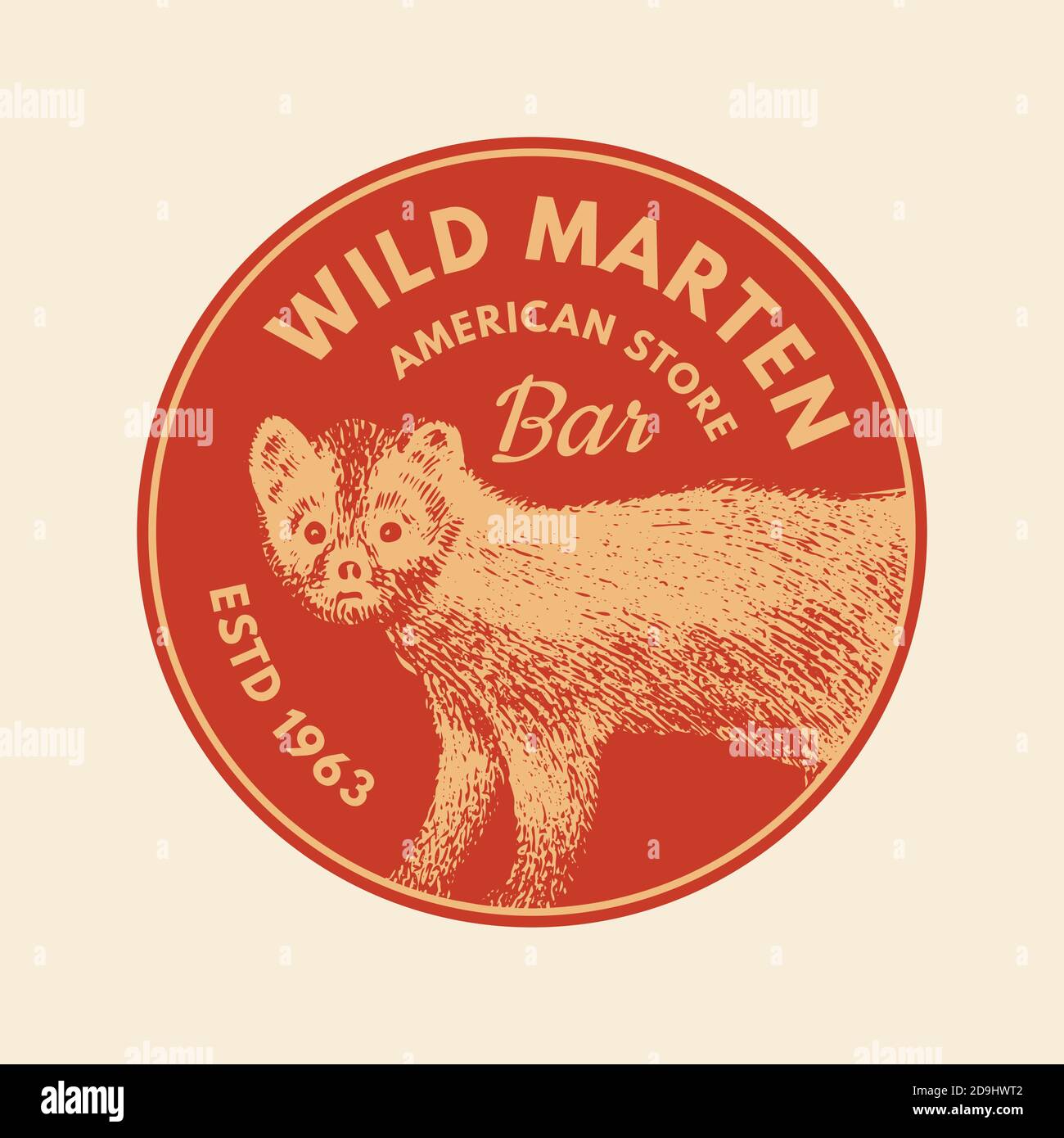 Wild Animals Aufkleber im Vintage Stil. Wald- oder Kiefernmarder. Monochromes Retro-Abzeichen oder -Etikett. Nordeuropäische Bestien. Handgezeichnete Skizze. Stock Vektor