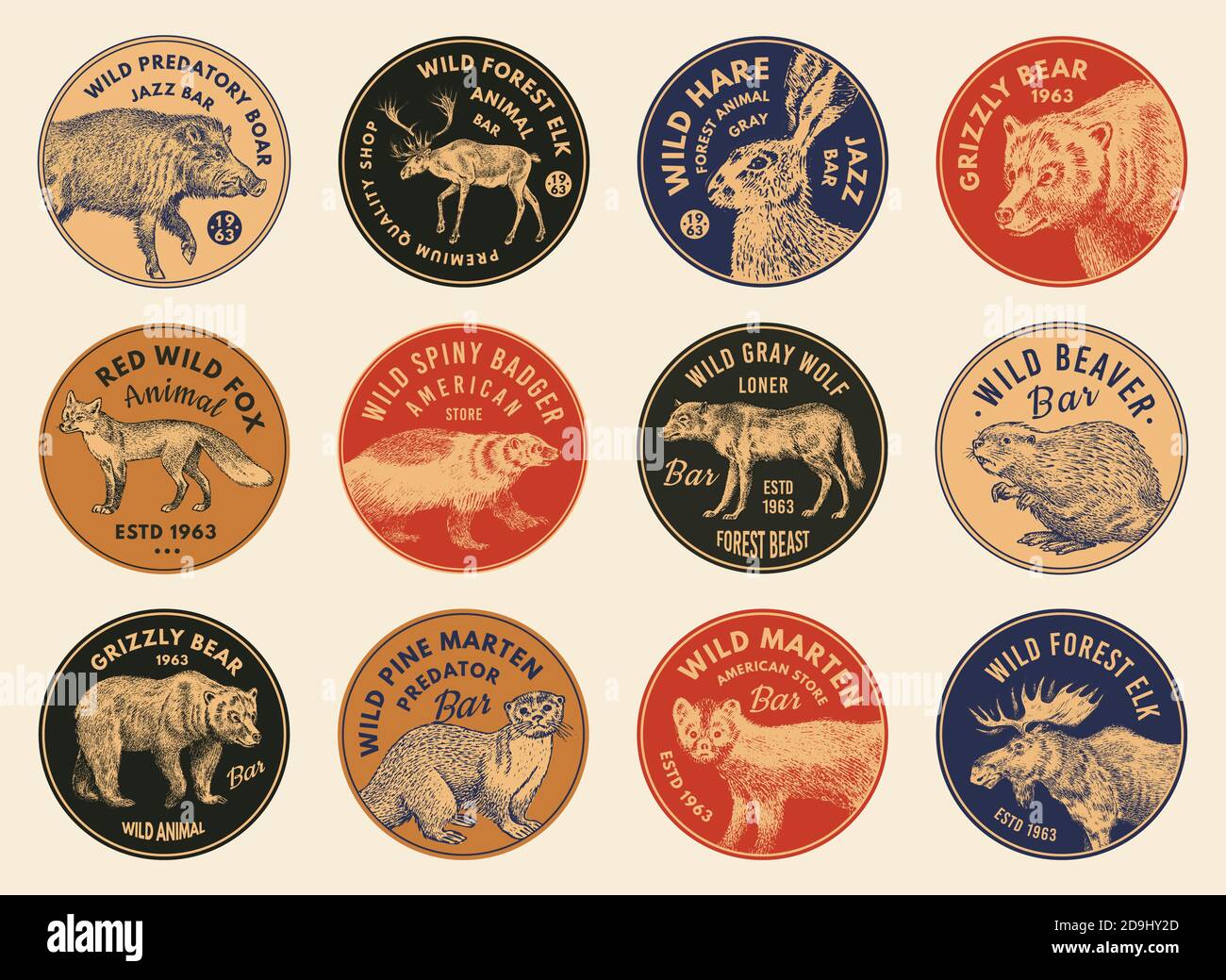 Wild Animals Aufkleber im Vintage Stil. Waldhirsch Biber Elch Wolf Bär Fuchs Marder Dachs Wildschwein Hase. Monochromes Retro-Abzeichen oder -Etikett. Nord Stock Vektor