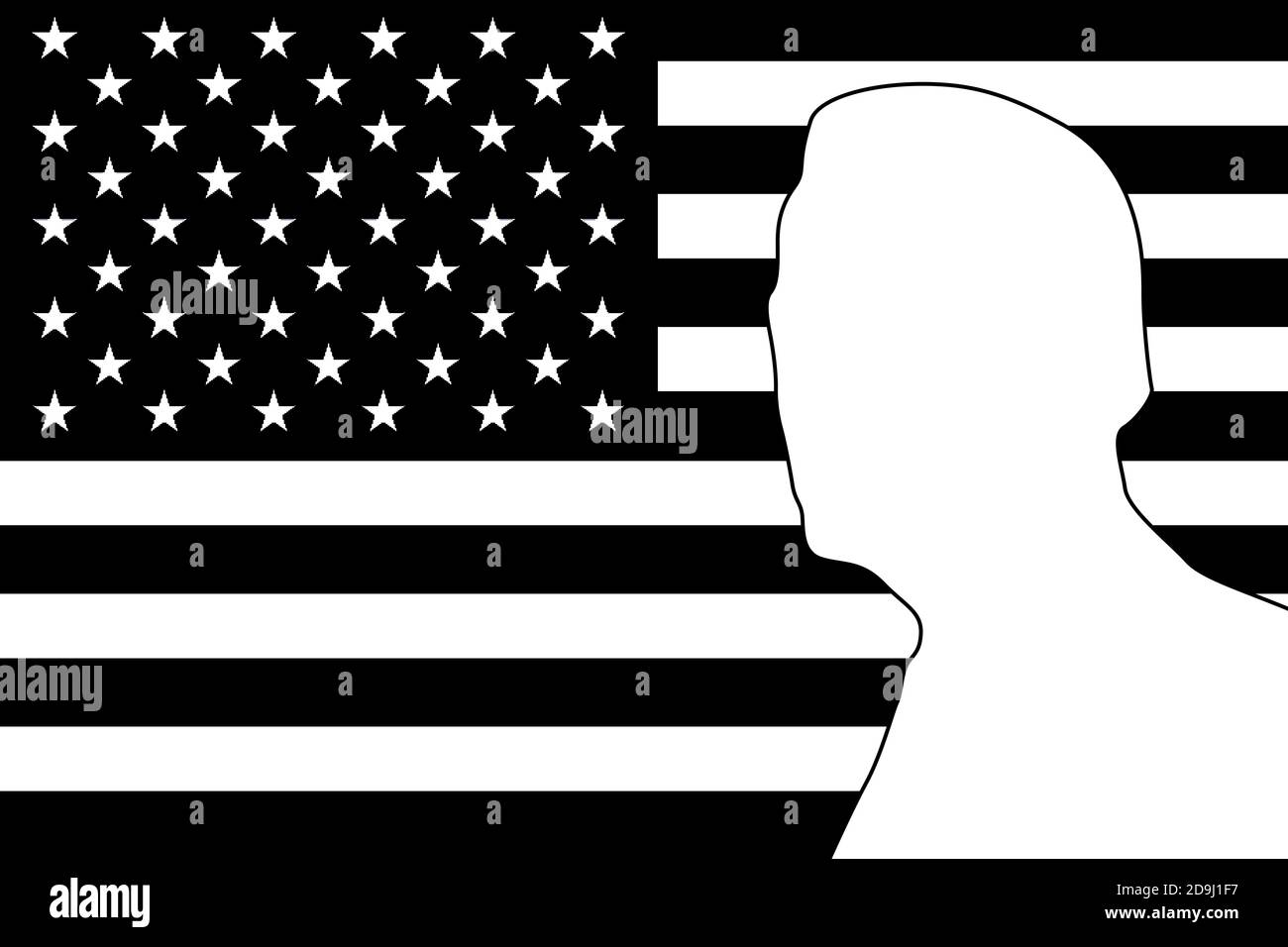 USA Wahlen Konzept, Joe Biden Silhouette auf usa Flagge. Schwarz-weiß Illustration Stockfoto