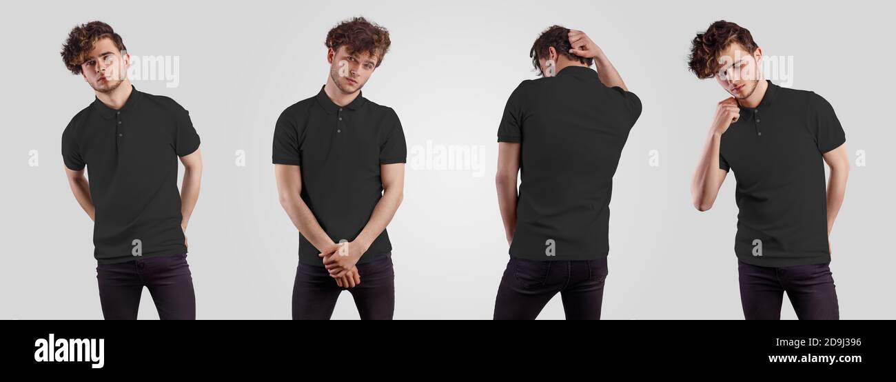 Vorlage von trendigen schwarzen Polo auf Kerl in Jeans, isoliert auf Hintergrund. Blank Casual T-Shirt Mockup für Design-Präsentation, Online-Shop Werbung. Stockfoto