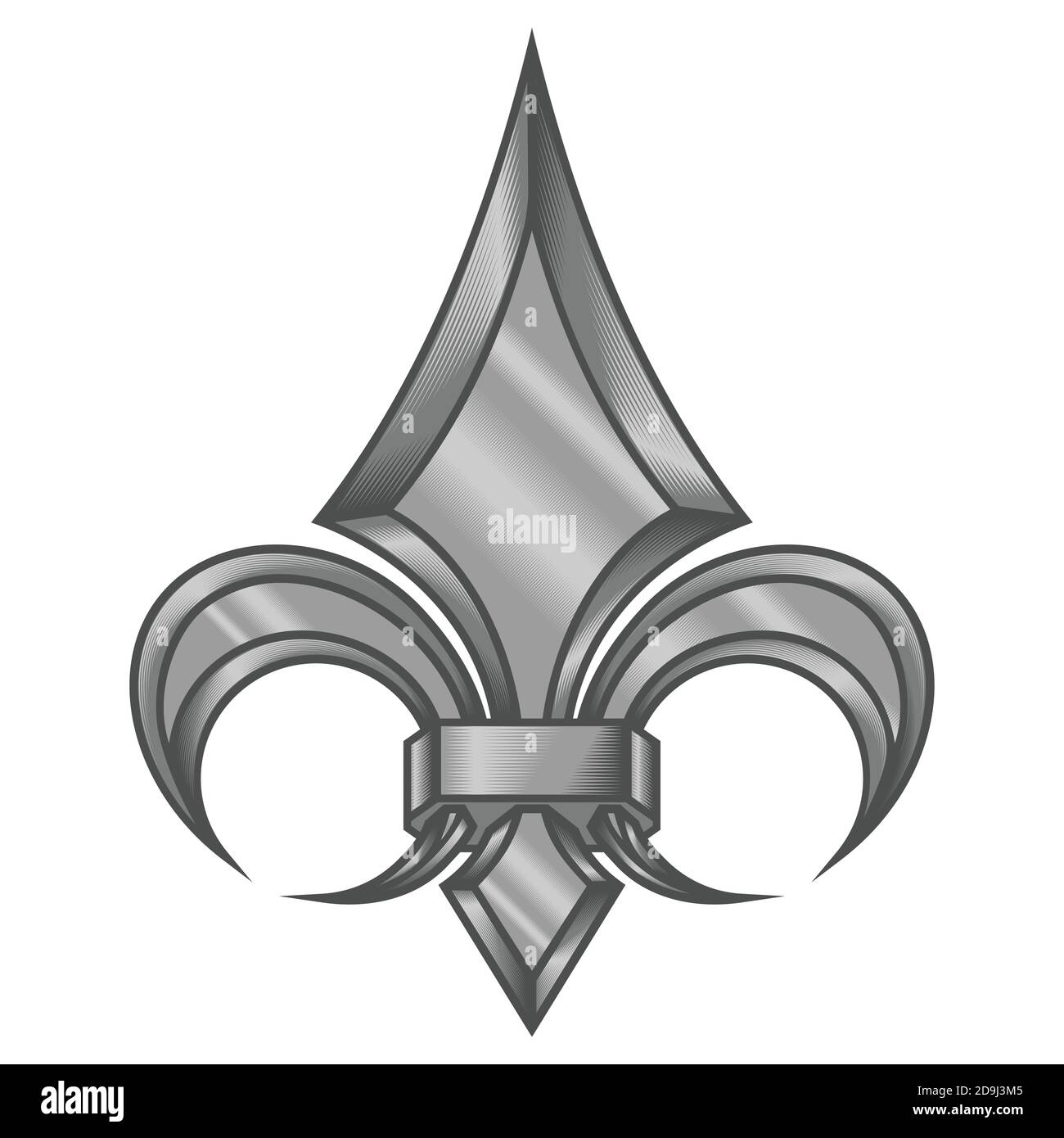 Fleur-de-LIS Vektor-Design in Graustufen metallischen Stil, Darstellung der Lilie Blume, ein Symbol in der mittelalterlichen Heraldik verwendet. Alles auf weißem Hintergrund Stock Vektor