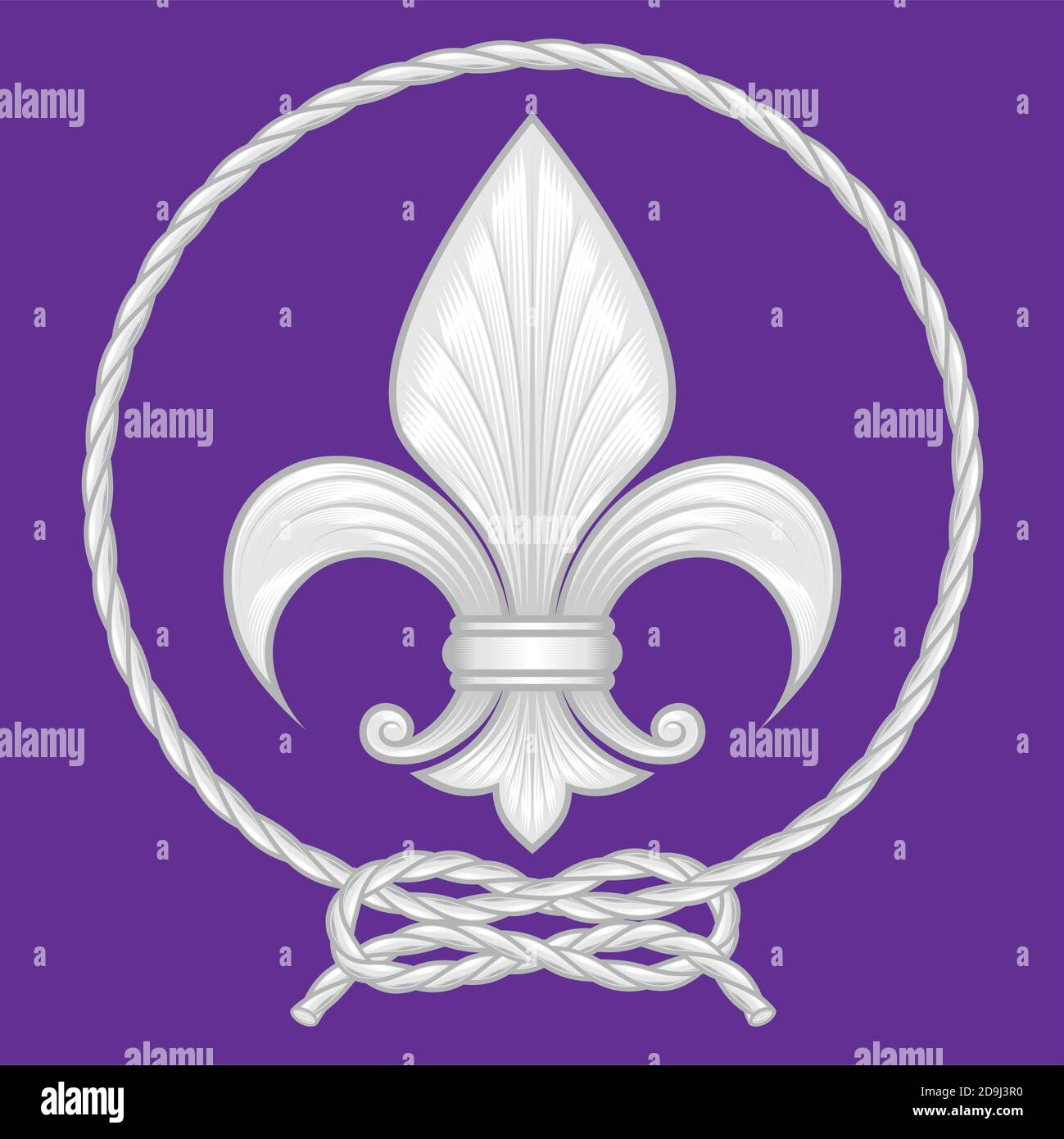 Vektor-Design eines Fleur de Lis von einem geflochtenen Seil umgeben, die Lilie Blume, ein Symbol in der mittelalterlichen Heraldik verwendet. Alles auf lila Bac Stock Vektor