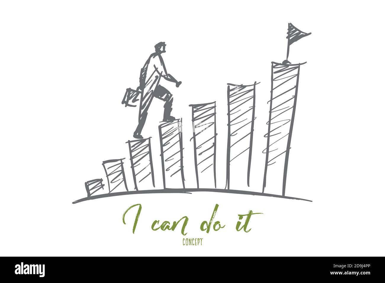 Vektor Hand gezeichnet Ich kann es tun Motivationskonzept Skizze Mit Geschäftsmann Treppen steigen Schritt für Schritt zu erreichen Top mit Zielflagge Stock Vektor