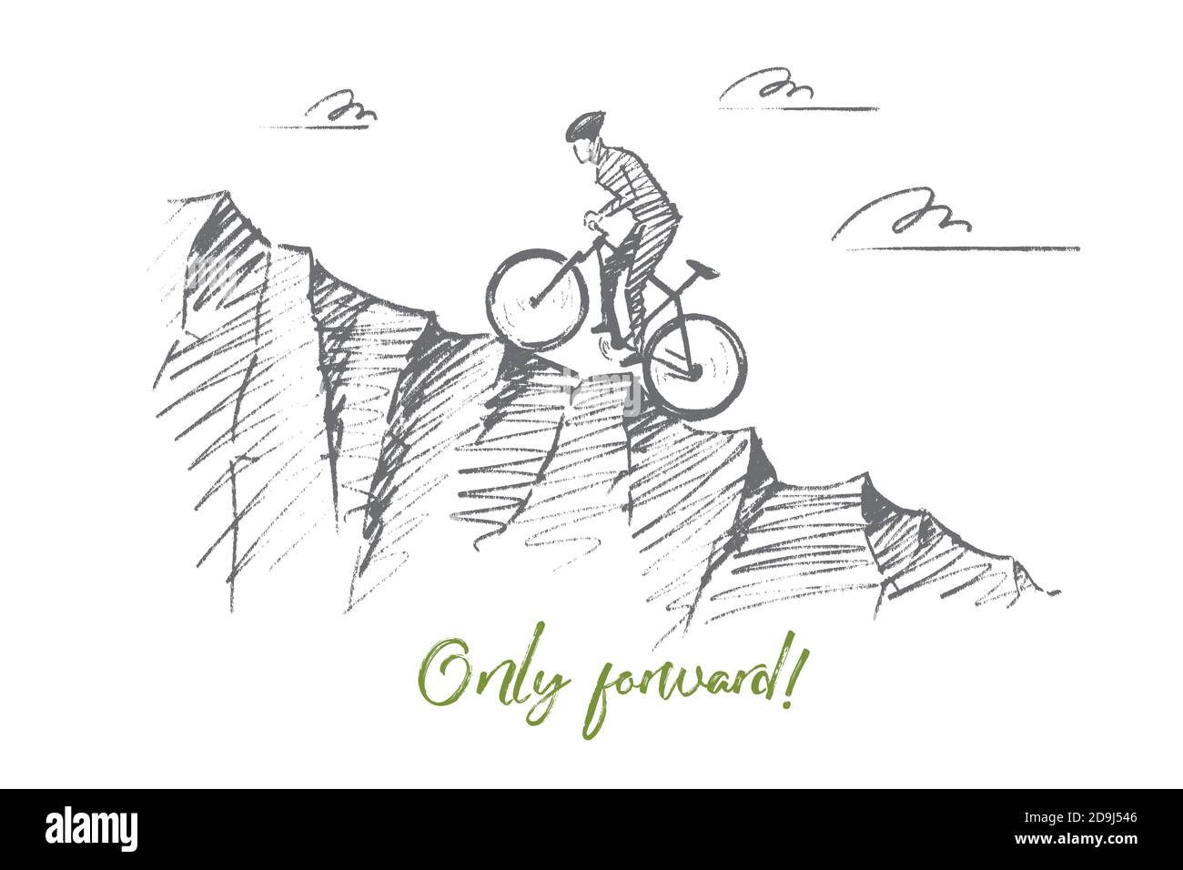 Vektor nur von Hand vorgezeichnete Konzeptskizze. Radfahrer, die bergauf fahren und versuchen, den Gipfel des Berges zu erreichen. Beschriftung nur vorwärts Stock Vektor