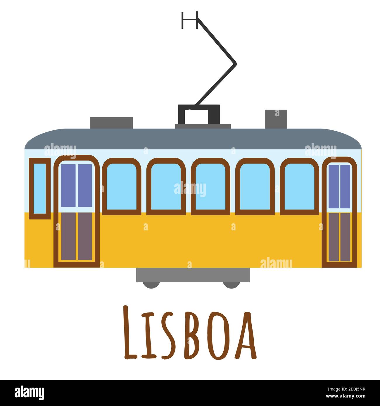 Flacher Stil vintage gelbe Straßenbahn, Symbol von Lissabon. Wahrzeichen Symbol für Reisende. Vektorgrafik isoliert auf weißem Hintergrund Stock Vektor