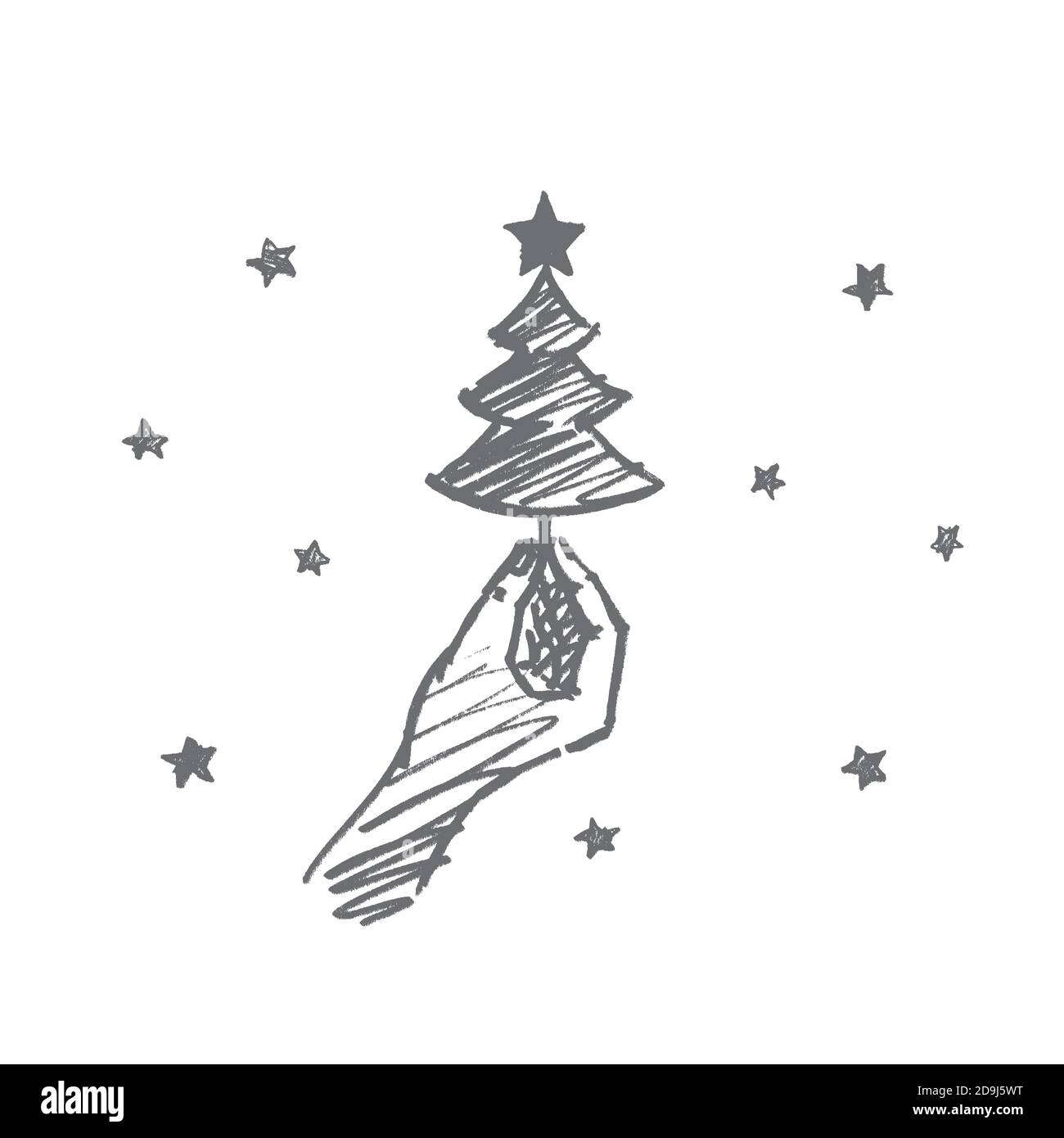 Vektor Hand gezeichnet Weihnachten Konzept Skizze. Menschliche Hand hält kleine verzierte Tanne mit Stern auf der Oberseite Stock Vektor