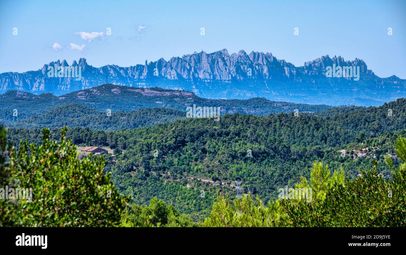 Montserrat Gebirge von Pla de Trullas, Provinz Barcelona, Katalonien, Spanien Stockfoto