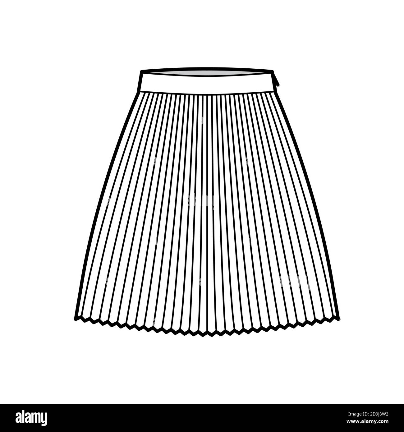 Rock Sunray Plite technische Mode Illustration mit unter-dem-Knie-Länge Silhouette, kreisförmige Fülle. Flacher Boden Schablone vorne, weiße Farbe Stil. Frauen, Männer, Unisex CAD Mockup Stock Vektor