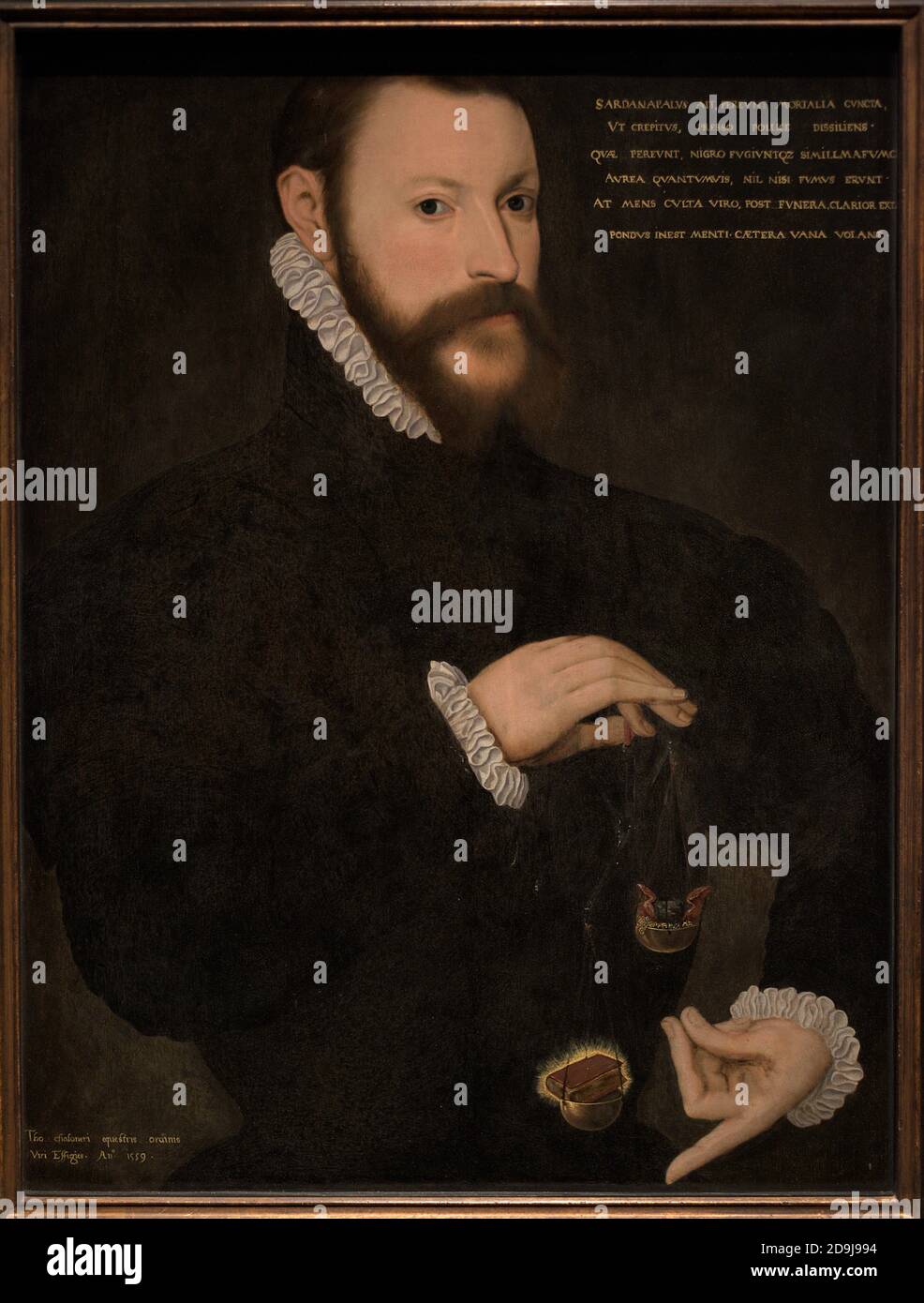 Thomas Chaloner (1521-1565). Englischer Staatsmann und Dichter. Porträt eines unbekannten flämischen Künstlers. Er wird dargestellt, indem er in seiner rechten Hand eine Waage hält, die auf der Seite des flammenden Buches (Symbol für Intellekt und Lernen) gegen die Reichtümer der Welt, die auf der anderen Seite gezeigt werden, gewichtet ist. Öl auf Platte, 1559. National Portrait Gallery. London, Egland, Großbritannien. Stockfoto