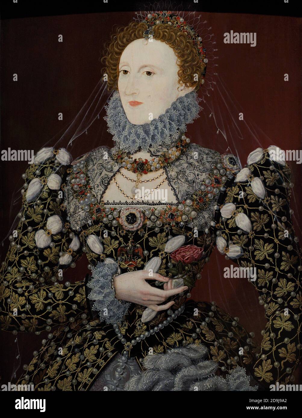 Königin Elisabeth I. von England (1533-1603). Porträt von Nicholas Hilliard. Öl auf Platte, c. 1575. Bekannt als das "Phoenix"-Porträt nach dem Juwel, das Elizabeth an ihrer Brust trägt. National Portrait Gallery. London, England, Vereinigtes Königreich. Stockfoto