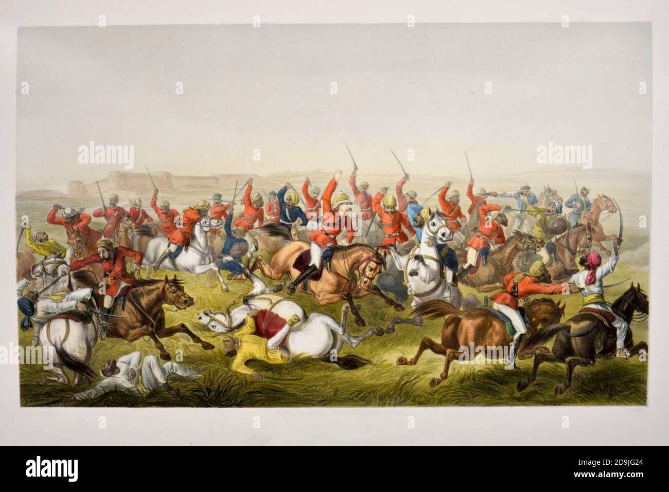 Hodson's Horse bei der Schlacht von Rhotuck [William Stephen Raikes Hodson (19. März 1821 – 11. März 1858) war ein britischer Führer der unregelmäßigen leichten Kavallerie während der indischen Rebellion von 1857, allgemein als die indische Meuterei oder die Sepoy-Meuterei bezeichnet. Er war bekannt als 'Hodson of Hodson's Horse'] Lithographie aus dem Buch Campaign in India 1857-58 Illustrating the Military Operations before Delhi ; 26 handkolorierte lithographierte Platten. Von George Francklin Atkinson Published by Day & Son Lithographers to the Queen in 1859 Stockfoto
