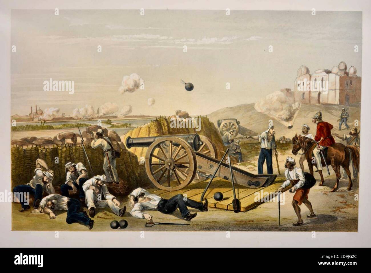 Heavy Day in the Batteries Lithographie aus dem Buch Campaign in India 1857-58 Illustrating the Military Operations before Delhi ; 26 handkolorierte lithographierte Platten. Von George Francklin Atkinson Published by Day & Son Lithographers to the Queen in 1859 Stockfoto