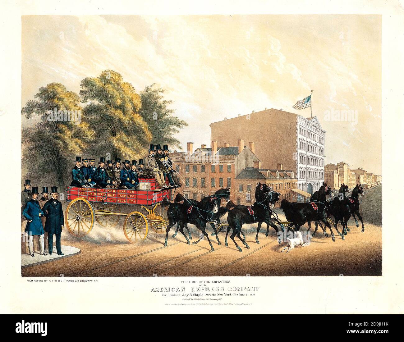 Wenden Sie sich am 21. Juni 1858 aus den Mitarbeitern der American Express Company, Corner of Hudson, Jay & Staple Streets, New York City. Farbige Lithographie, mit Handkolorierung Stockfoto