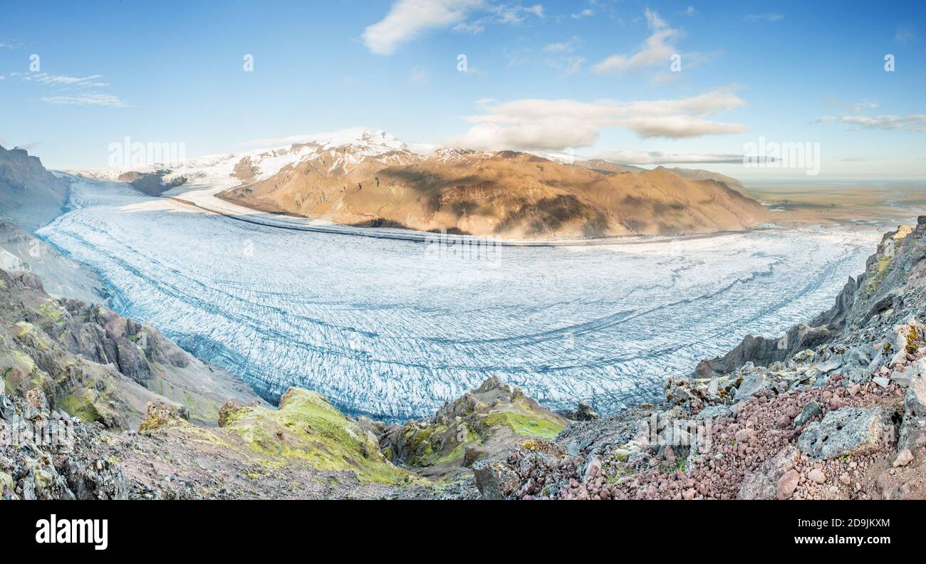 Skaftafellsjokull Gletscher im Skaftafell/Vatnajokull Nationalpark, Island. Panoramafoto Stockfoto