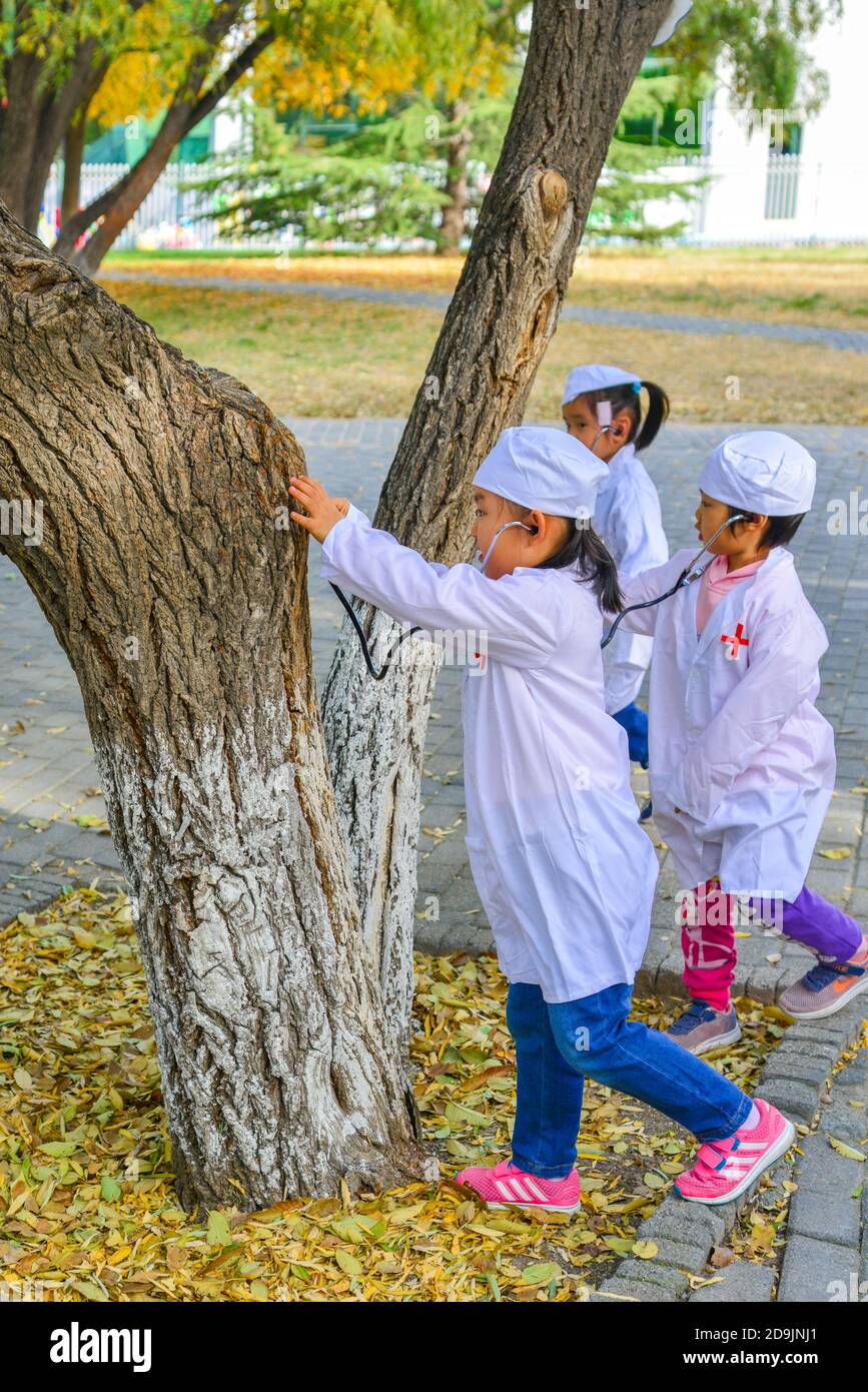 Die schöne Herbstlandschaft, die viele Kinder in Wanghu Park in Peking Stadt, China, zieht 27 Oktober 2020. Stockfoto