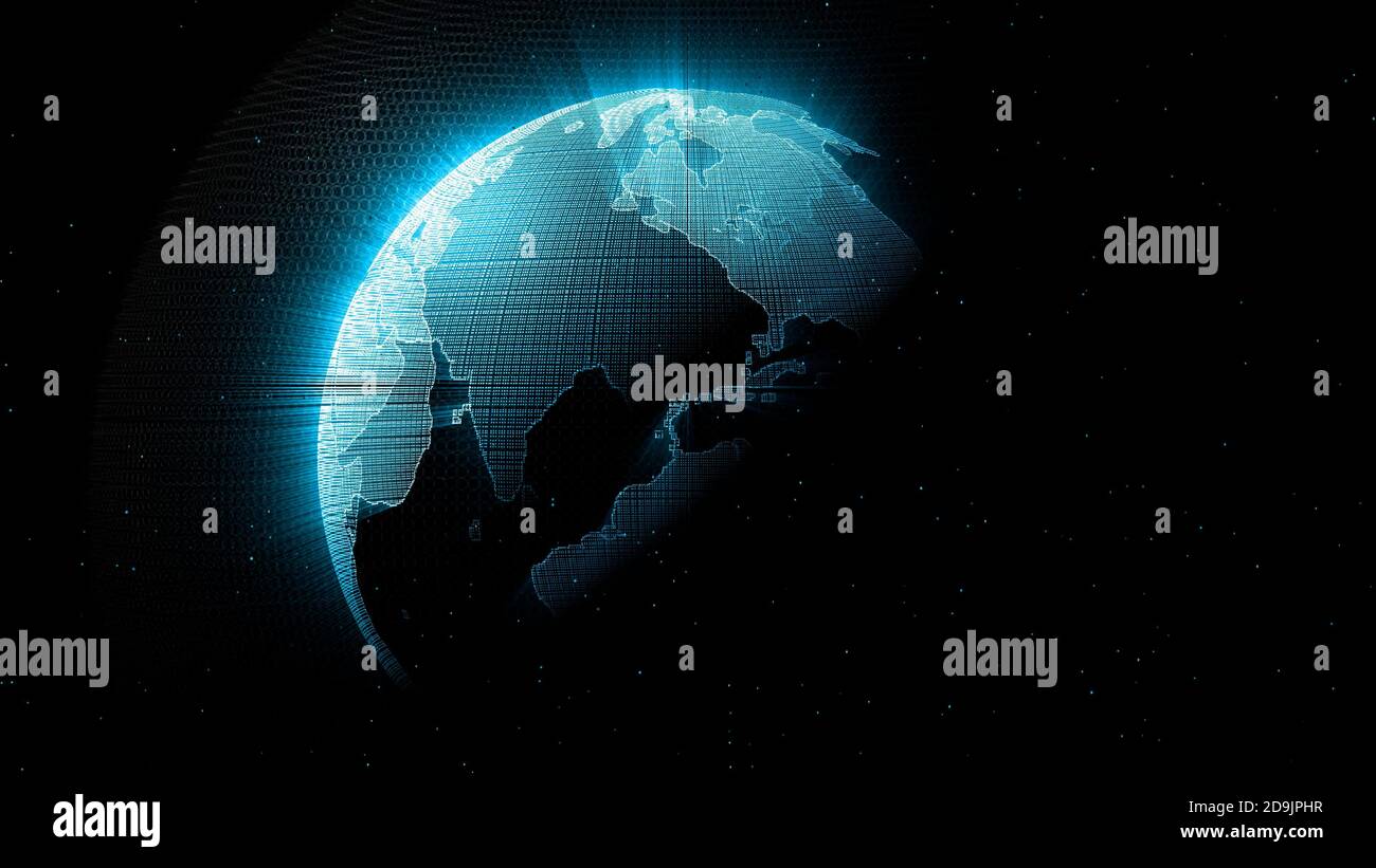 Digital Globe, Kreatives Konzept der Zukunftstechnologie und Business wissenschaftliches Wachstum, Netzwerk, Planet Erde rotierenden mit leuchtenden Lichtstrahlen Stockfoto