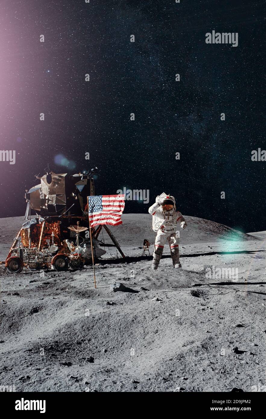 Mann auf dem Mond. Astronaut auf Mondlandemission. Elemente dieses Bildes, die von der NASA eingerichtet wurden. Stockfoto