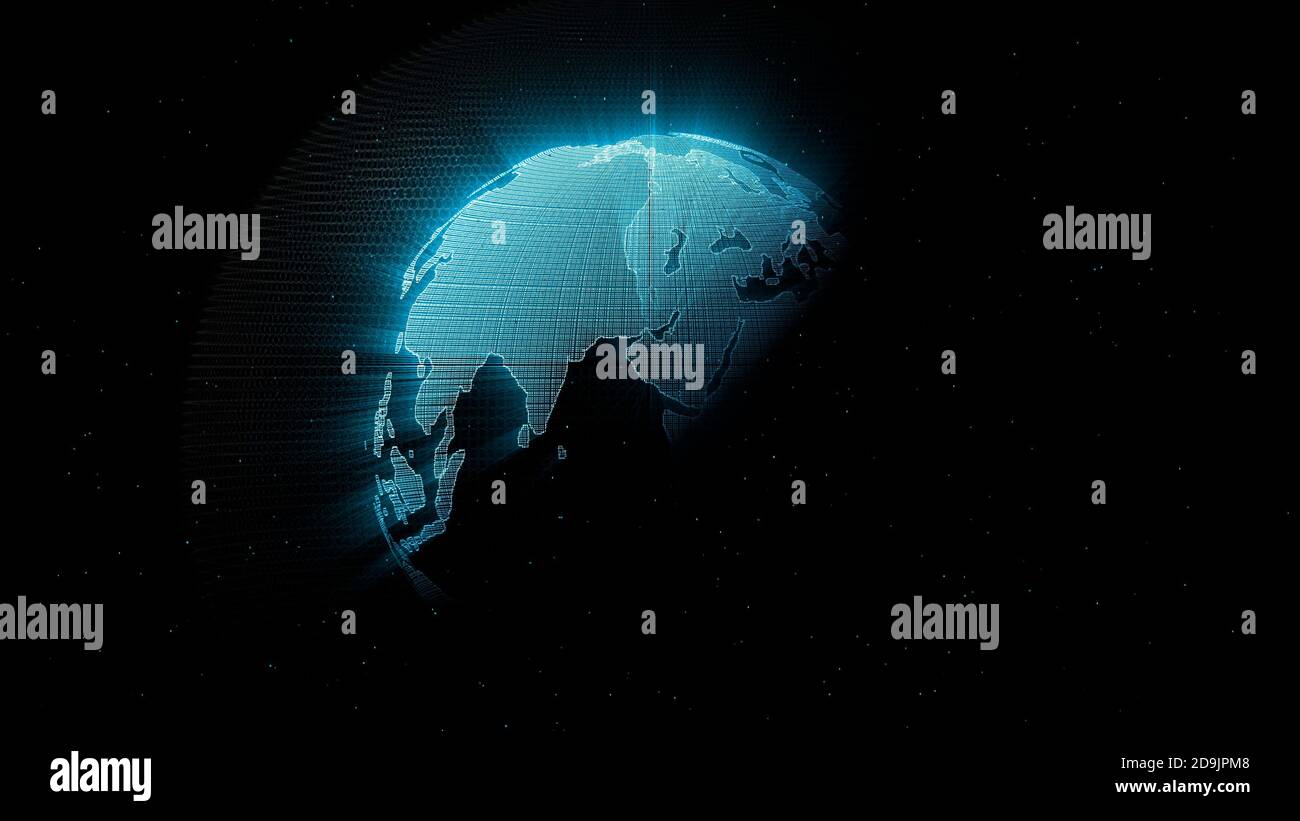 Digital 3D Globe, Kreatives Konzept der Zukunftstechnologie und Business wissenschaftliches Wachstum, Netzwerk, Planet Erde rotierenden mit leuchtenden Lichtstrahlen Stockfoto