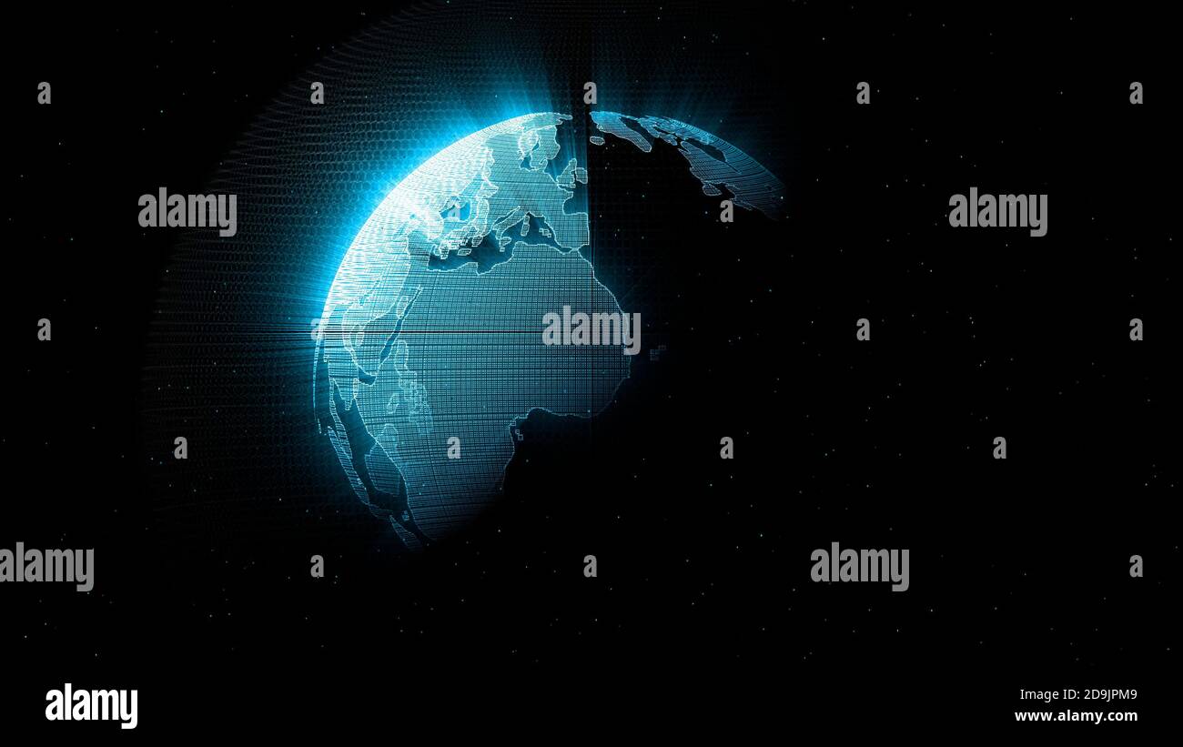 Digital Globe, Kreatives Konzept der Zukunftstechnologie und Business wissenschaftliches Wachstum, Netzwerk, Planet Erde rotierenden mit leuchtenden Lichtstrahlen Stockfoto