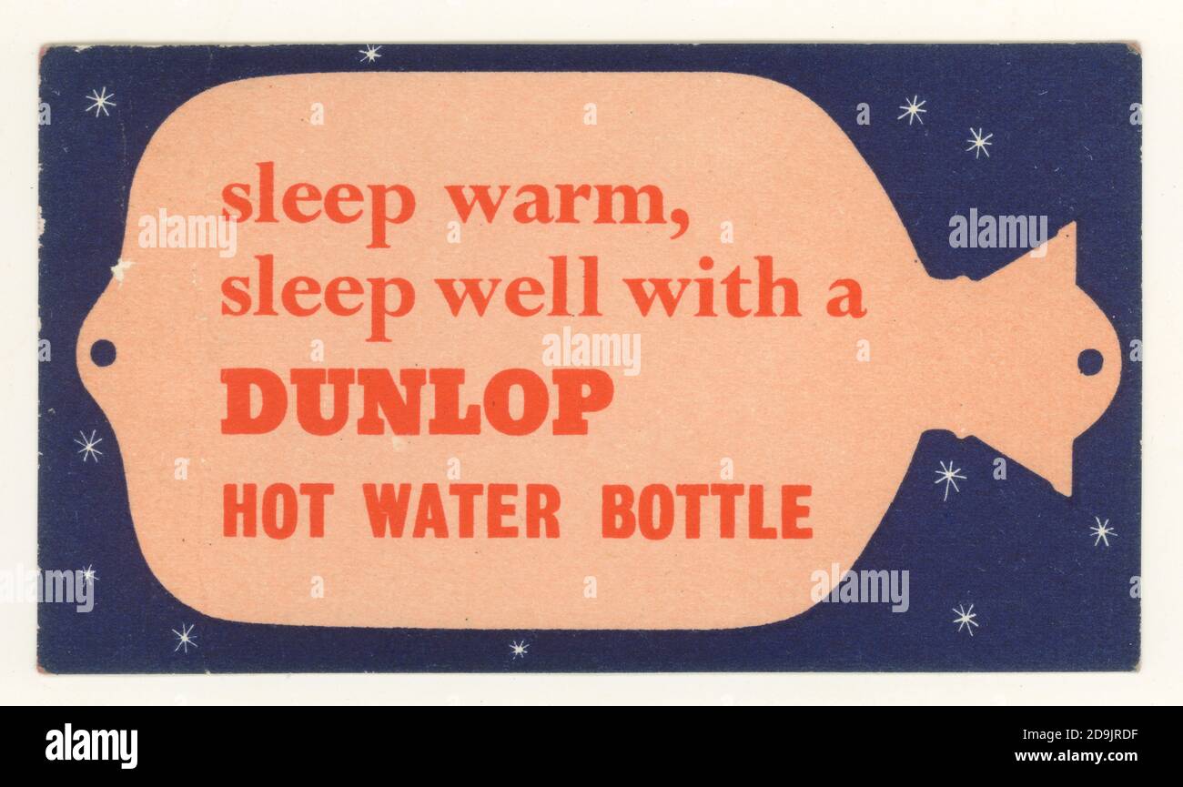 Retro-Werbung für Dunlop Heißwasserflasche, Promo-Karte, ca. Ende der 40er, 1950er, Großbritannien Stockfoto