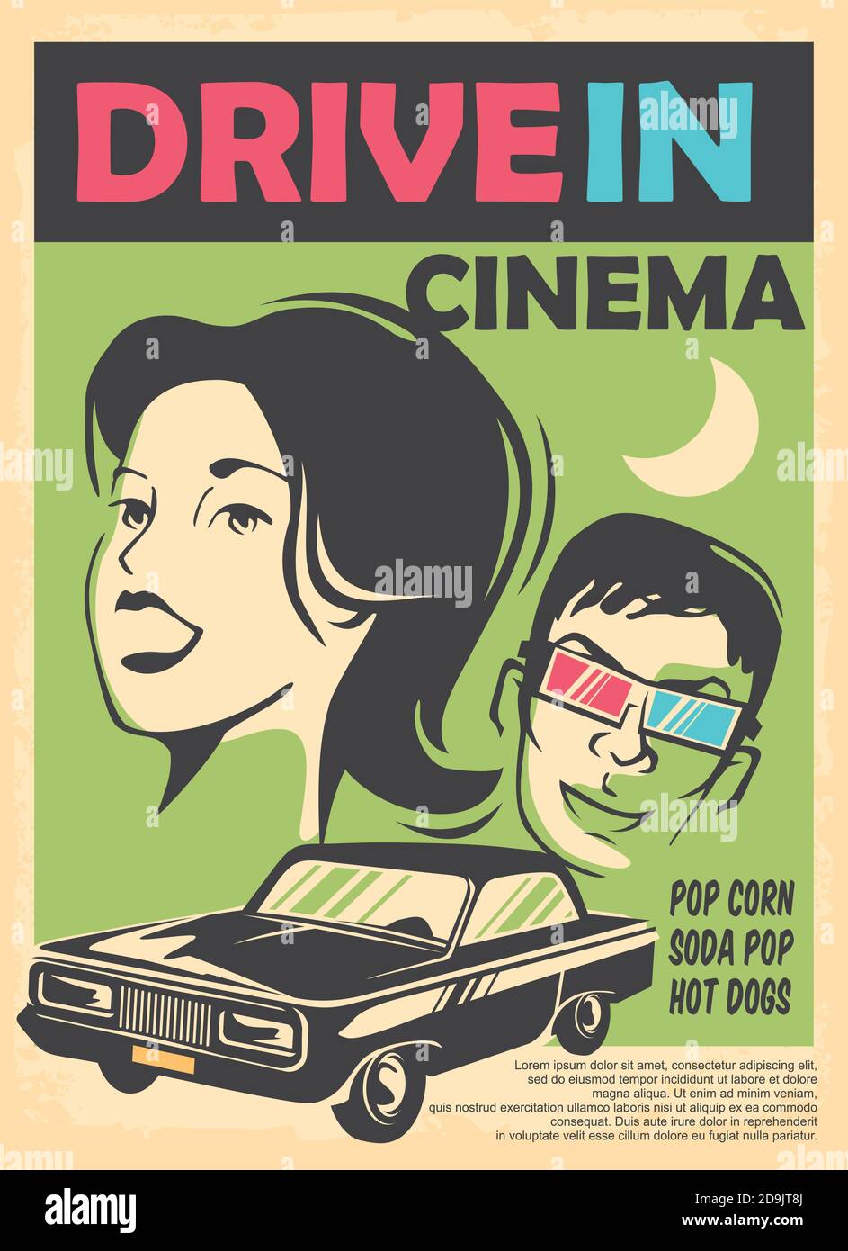 Fahren Sie im Kino Retro-Werbung mit Auto-Grafiken und glückliche Menschen. Kino Poster Design. Vector Lifestyle Kunst und Unterhaltung. Stock Vektor