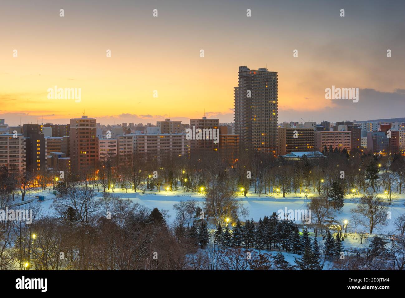 Winterliche Skyline in Sapporo, Japan mit Blick auf den Nakajima Park im Morgengrauen. Stockfoto