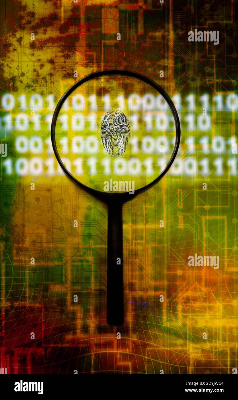 Kriminalfall-Ermittlungskonzept mit Fingerabdruck und Lupe vor technischem Hintergrund, digitales forensisches Konzept Stockfoto