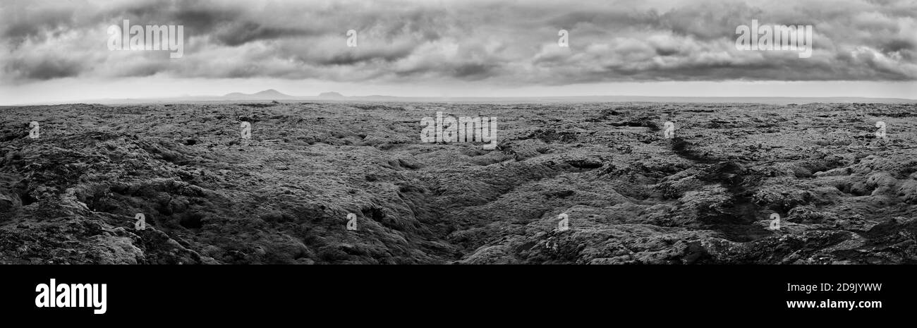 Schönes Panorama der erstaunlichen vulkanischen Mooslandschaft. Lavafelder in Island. Panorama von Island Stockfoto