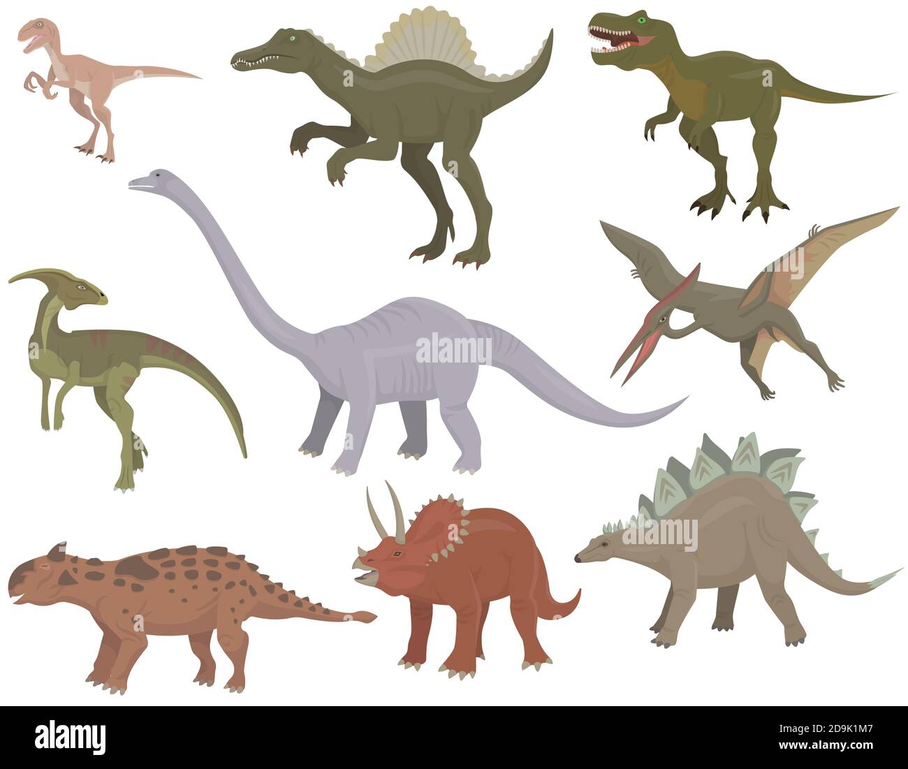 Große Reihe von verschiedenen Dinosauriern. Pflanzenfressende und fleischfressende jurassische Reptilien. Stock Vektor