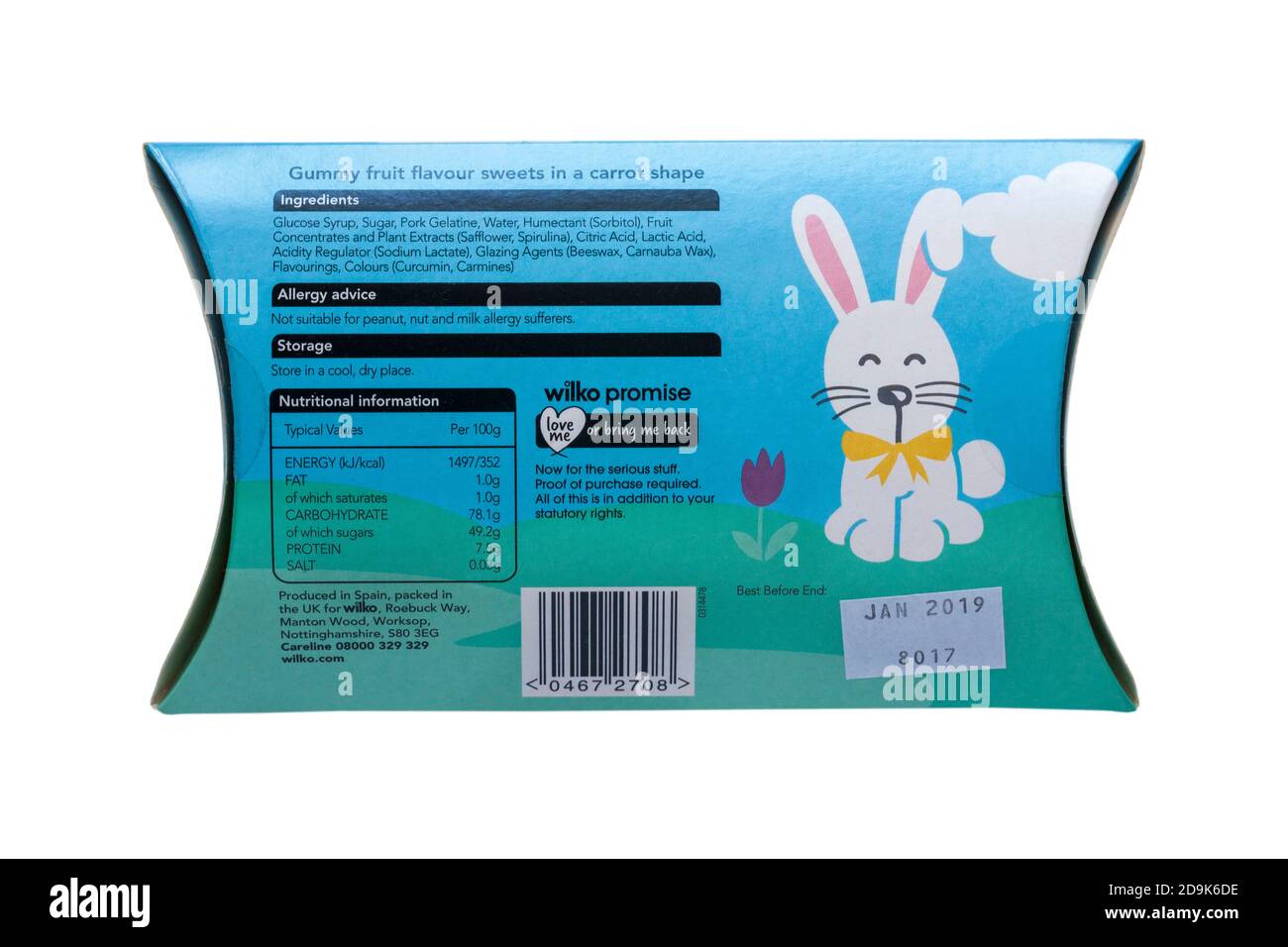 Zutaten, Allergieberatung, Lagerung und Nährwertangaben auf Packung Wilko Gummy Karotten isoliert auf weißem Hintergrund Stockfoto