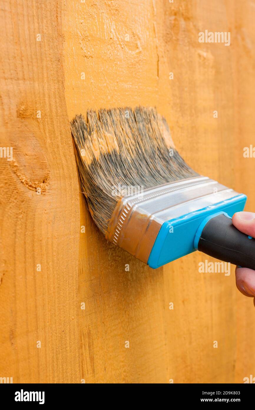 Malerei ein Zaun oder eine Halle mit Holz Konservierungsmittel zum Schutz vor den Elementen Stockfoto