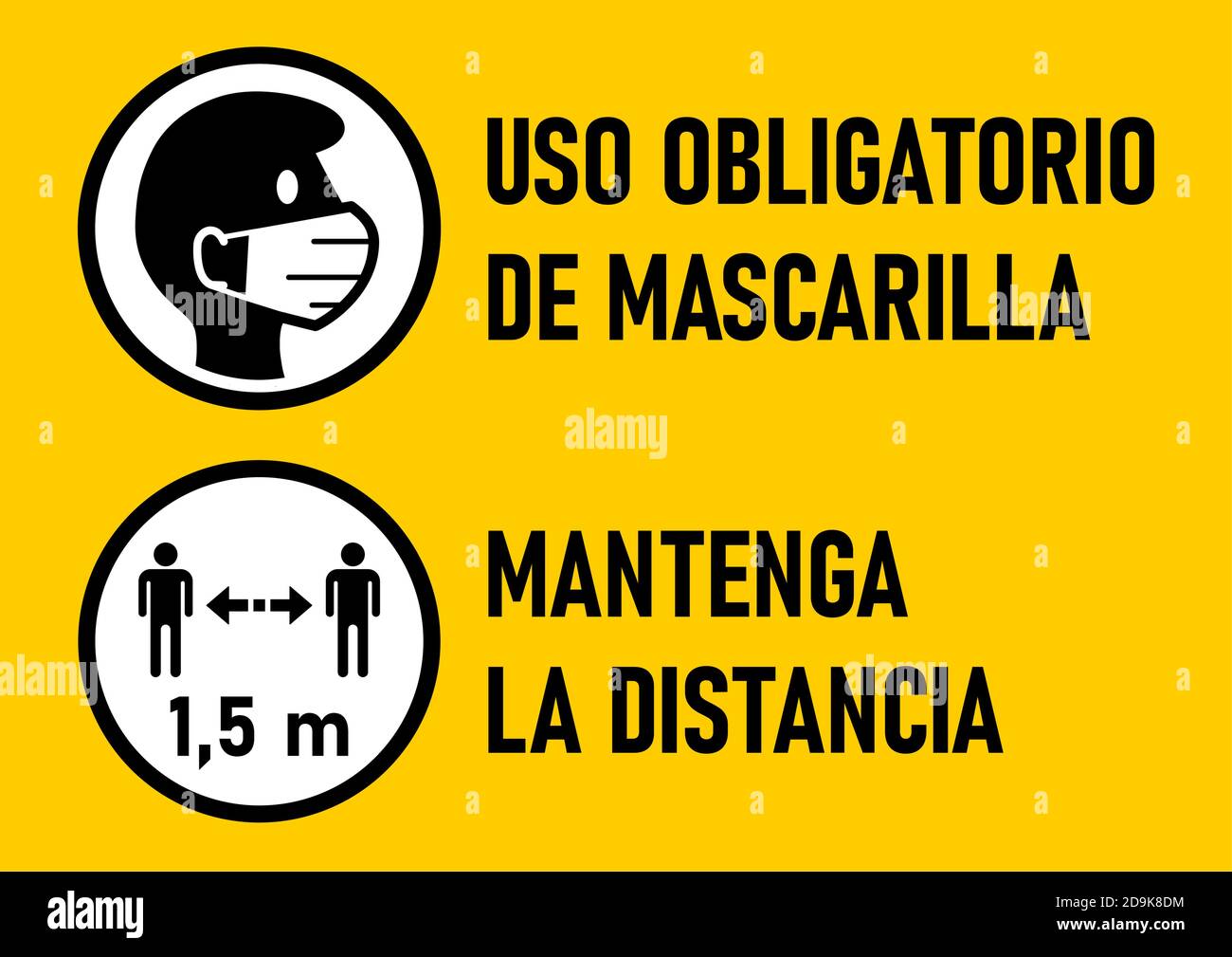 Warnsymbole auf Spanisch 'Uso Obligatorio de Mascarilla' (Gesichtsmasken erforderlich) und 'Mantenga La distancia' (Halten Sie Ihre Distanz) 1,5 m. Vektorbild. Stock Vektor