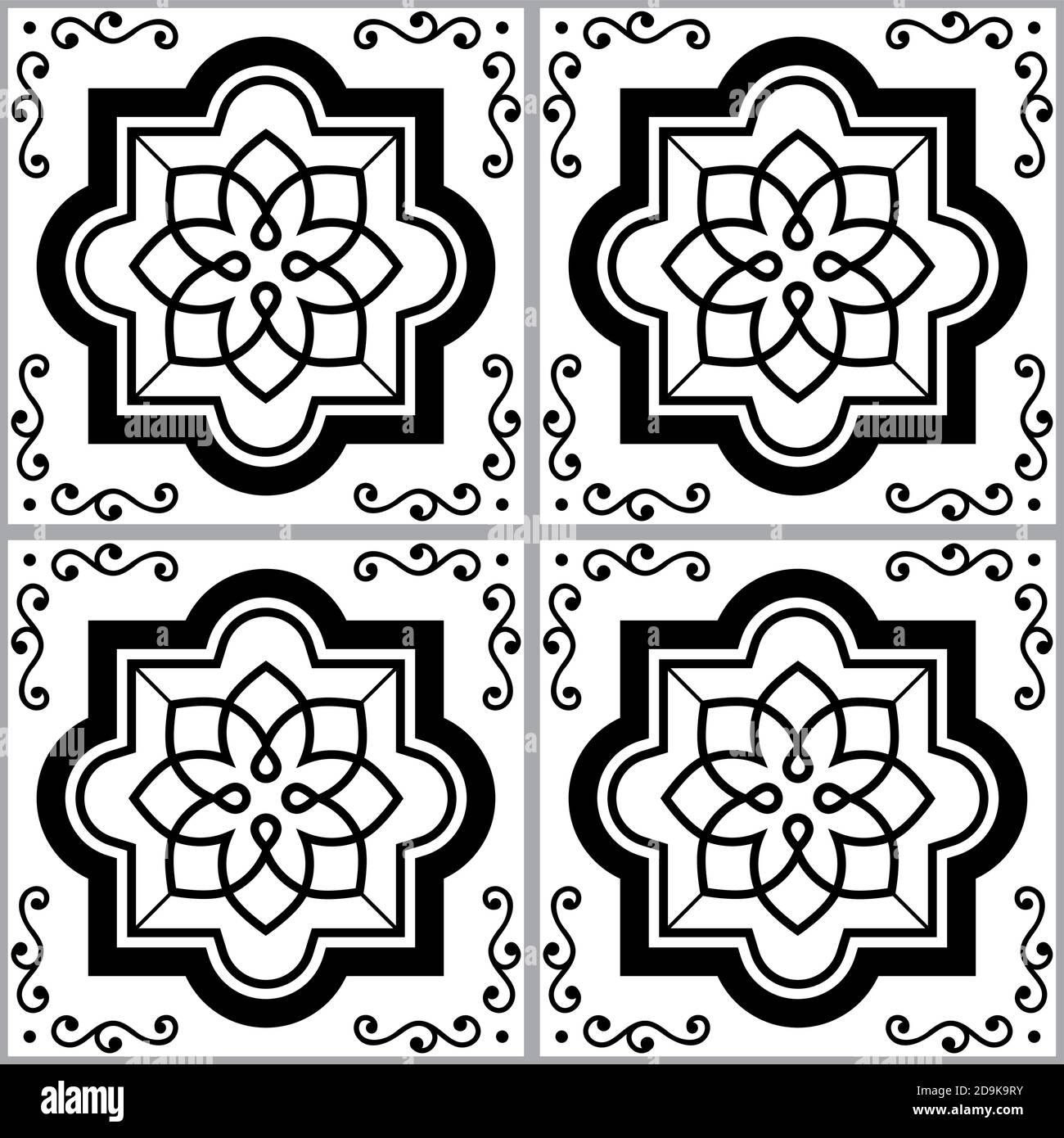 Portugiesische und marokkanische Azulejo Fliesen nahtlose Vektor-Muster, monochrome Textildesign mit Wirbeln und geometrischen Formen Stock Vektor