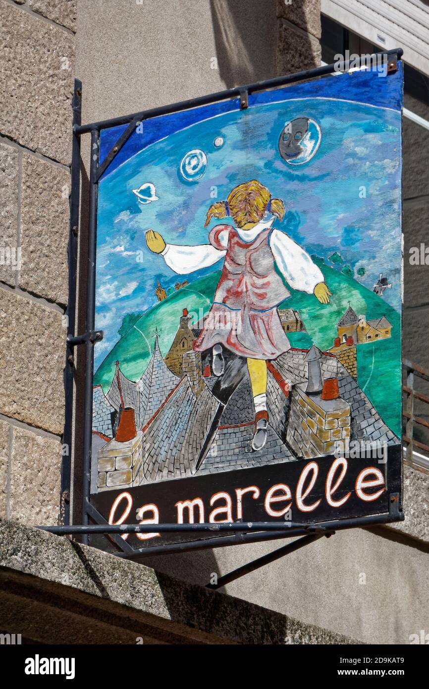 Schild von La Marelle in Saint-Malo, Kunsthandwerk, Geschenke, Souvernirgescheeft, Bretagne, Frankreich, Stockfoto