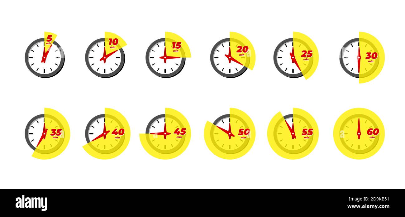 Timer- und Stoppuhr-Symbol eingestellt. Kochen in der Küche oder schnelle Express-Lieferzeit Etiketten mit verschiedenen Minuten. Sportzeituhr oder Stichtag Countdown Vektor isolierte Abillustration Stock Vektor