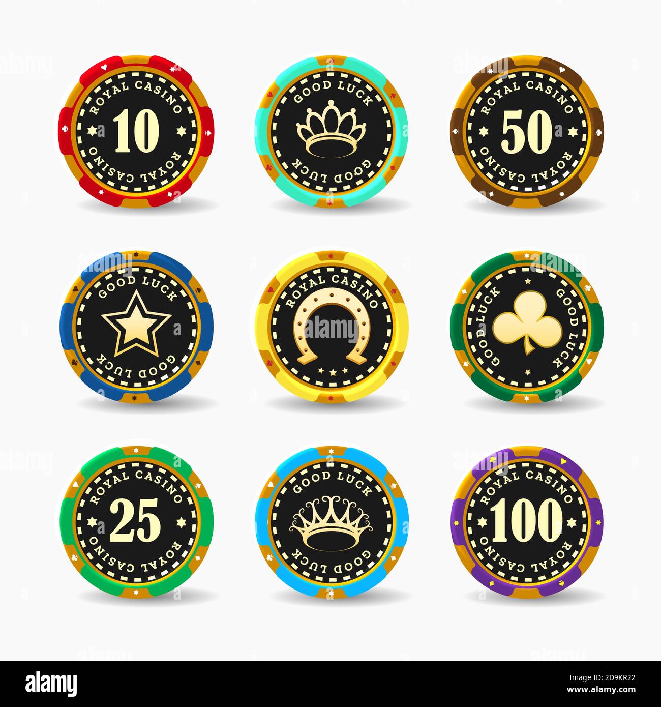 Poker Casino Chips auf weißem Hintergrund isoliert gesetzt. Vektorgrafik Stock Vektor