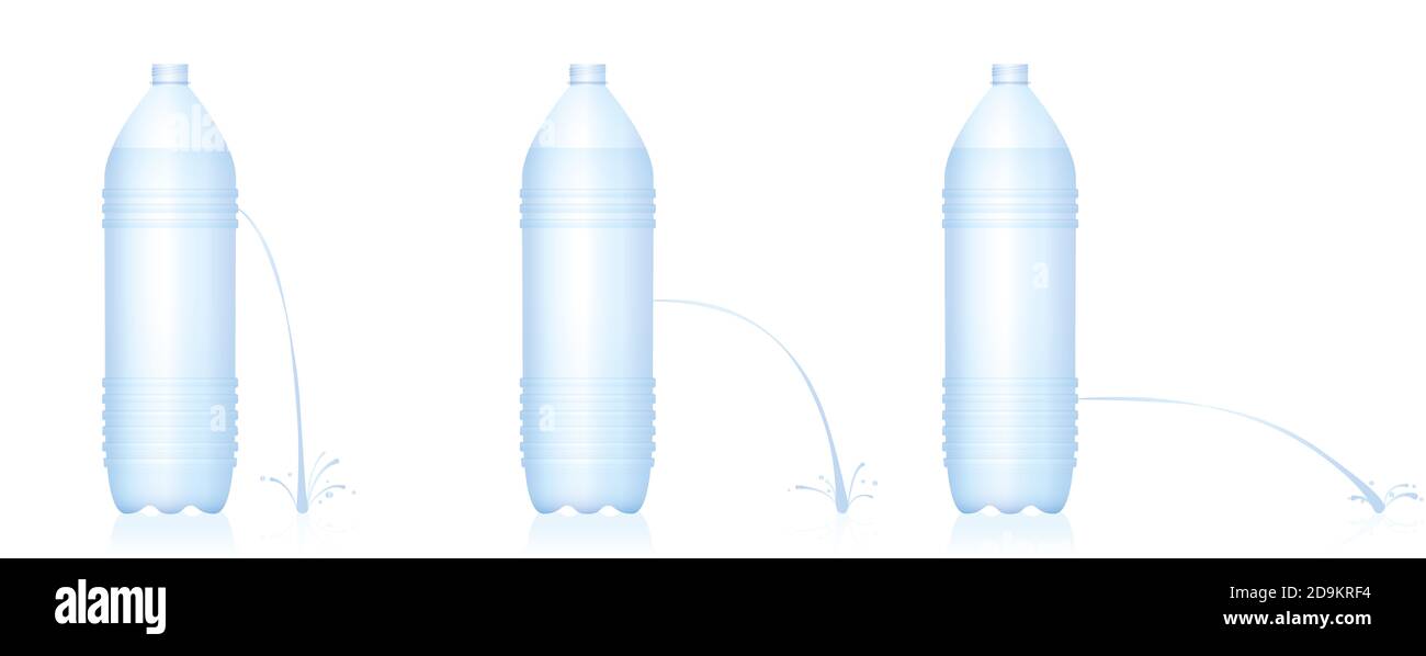 Fluiddynamik-Experiment. Drei Plastikflaschen mit verschiedenen Wasserstrahlen - schwach, mittel, stark. Körperlicher Spaß - Torricellis Gesetz. Stockfoto
