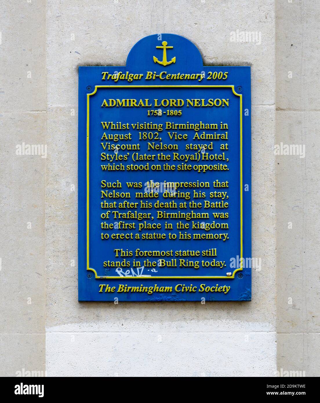 Gedenktafel an Admiral Lord Nelson auf der NatWest Bank in Temple Row, Birmingham City Centre, West Midlands, England, Großbritannien Stockfoto