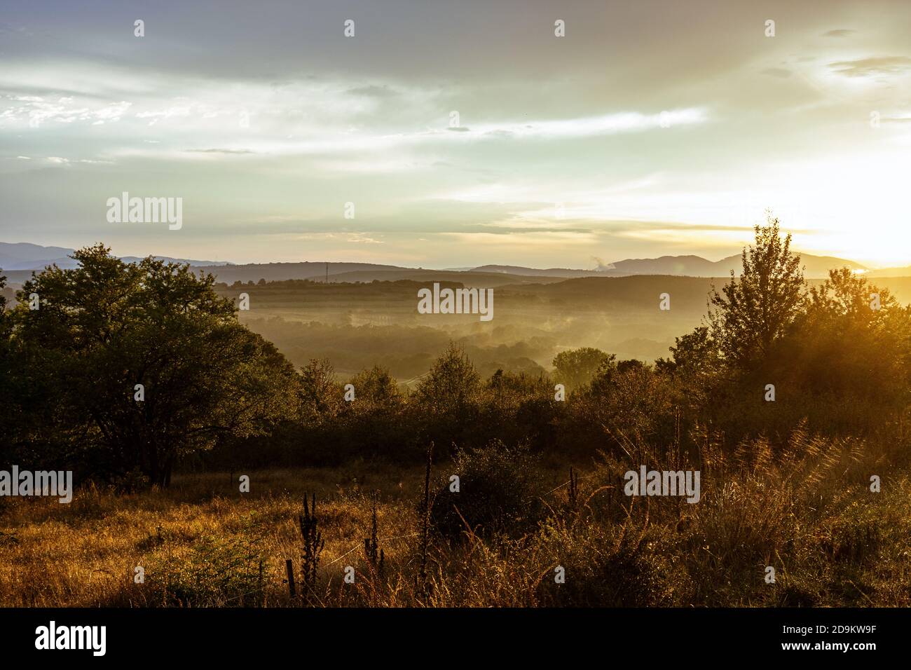 Sonnenuntergang über einem Nebelwald in der Nähe des Dorfes Medven, Bulgarien Stockfoto